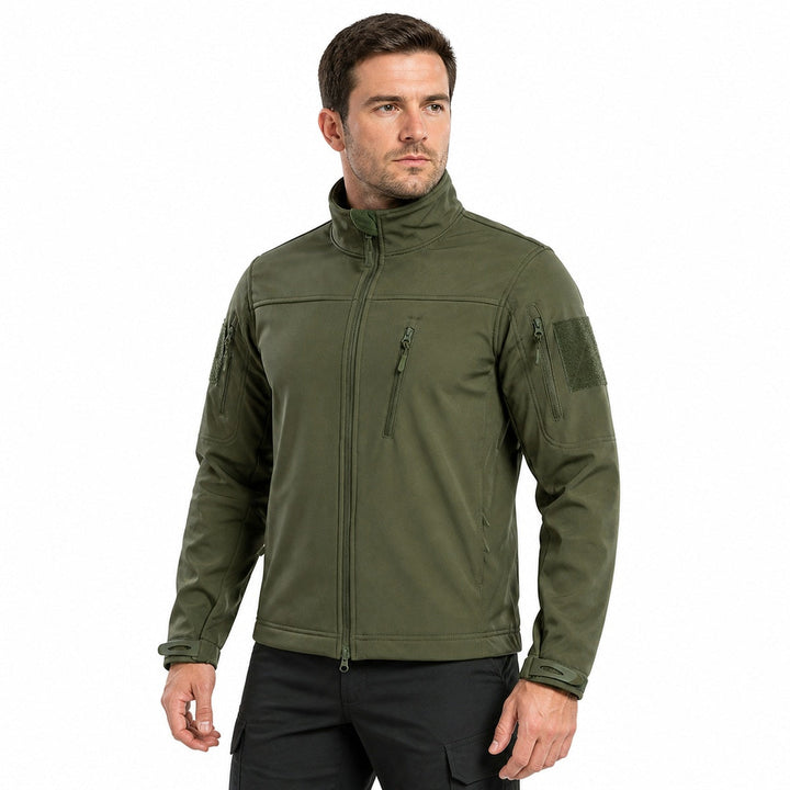 Men's fleece-lined tactical softshell jacket worn by a tactical user