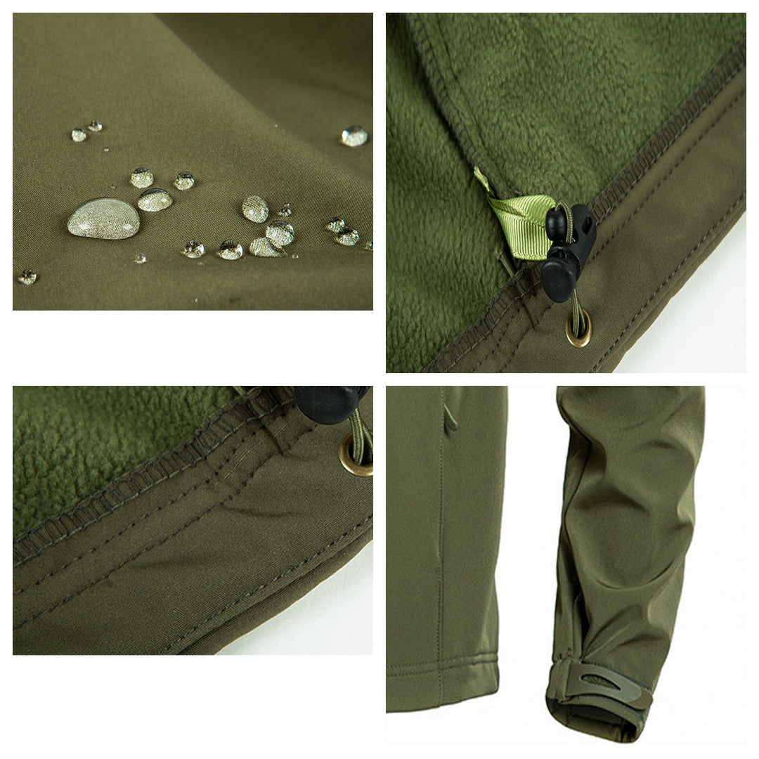 Men's fleece-lined tactical softshell jacket construction details