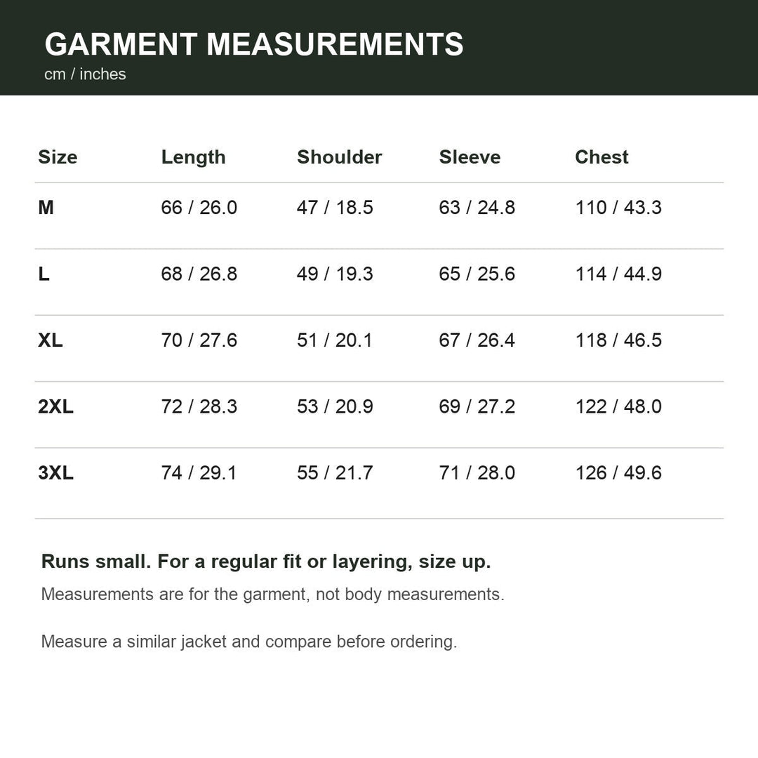 Men's fleece-lined tactical softshell jacket size guide in centimeters and inches