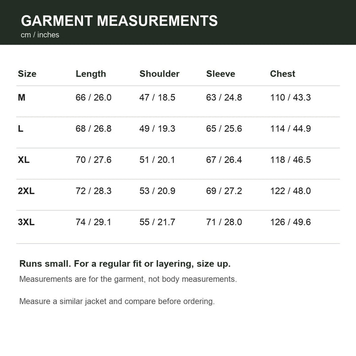 Men's fleece-lined tactical softshell jacket size guide in centimeters and inches