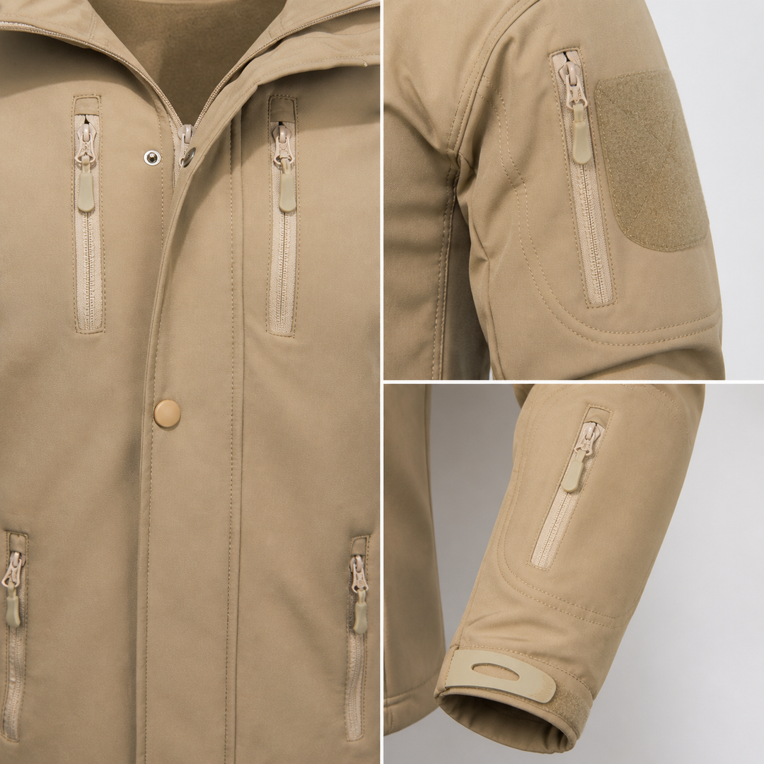 Men's hooded fleece-lined softshell jacket pocket details