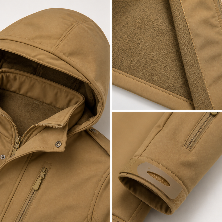 Men's hooded fleece-lined softshell jacket hood and fleece details