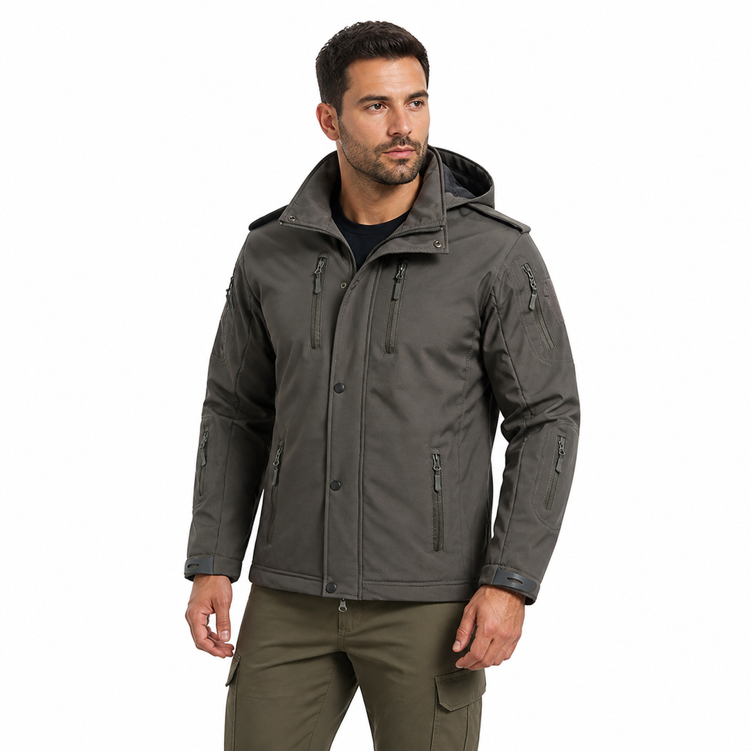 Men's hooded fleece-lined softshell jacket worn by a tactical user