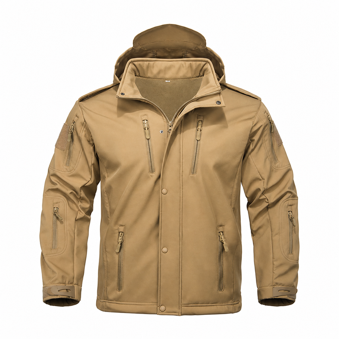 Men's hooded fleece-lined softshell jacket in Khaki