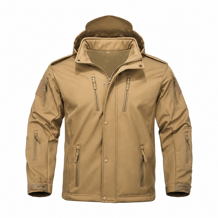 Men's hooded fleece-lined softshell jacket in Khaki