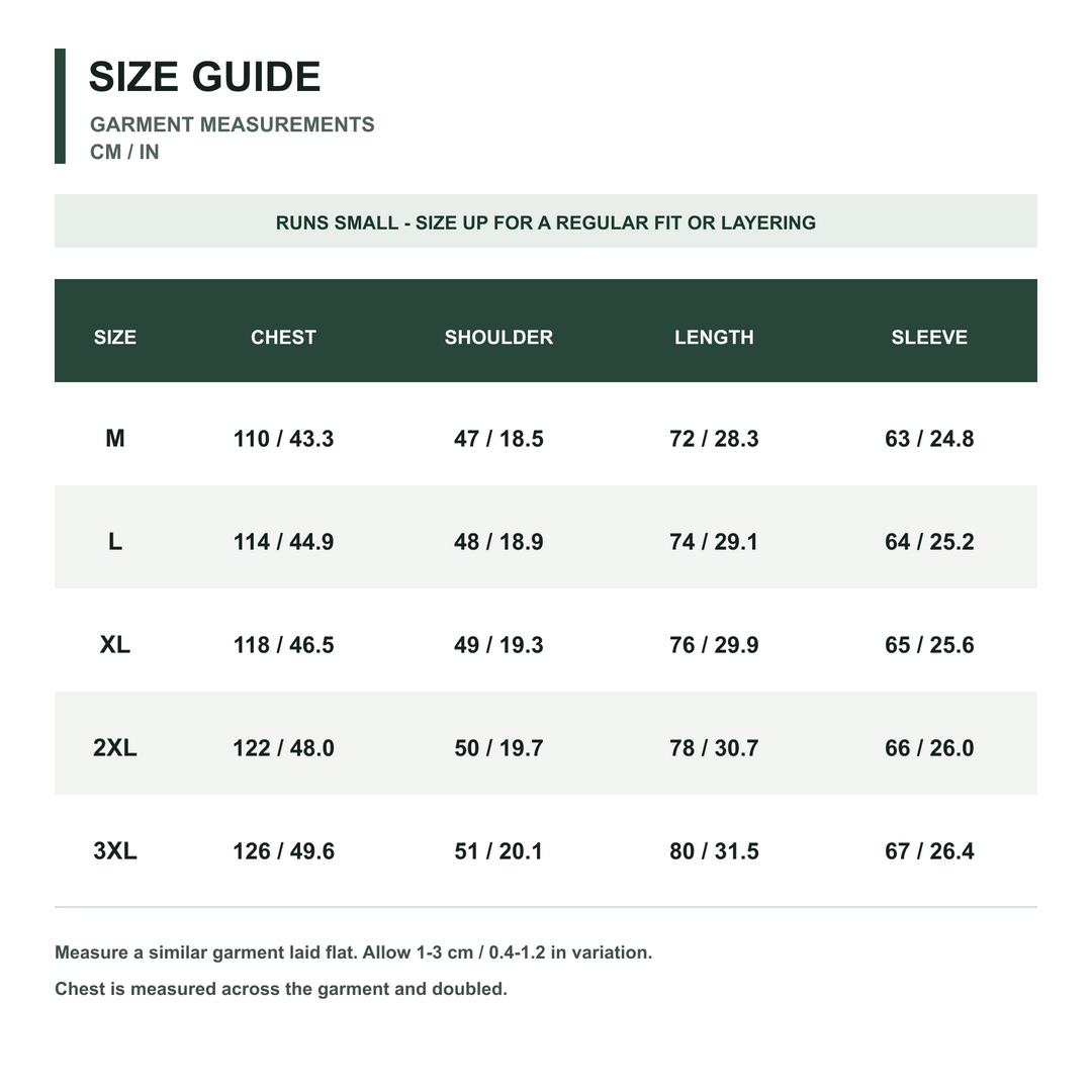 Men's Hooded Fleece-Lined Softshell Jacket size guide in centimeters and inches