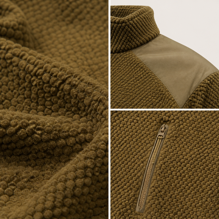Men's grid fleece tactical jacket fabric and chest pocket details