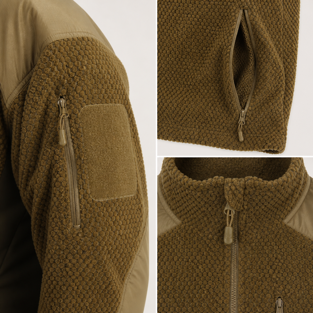 Men's grid fleece tactical jacket arm pocket details