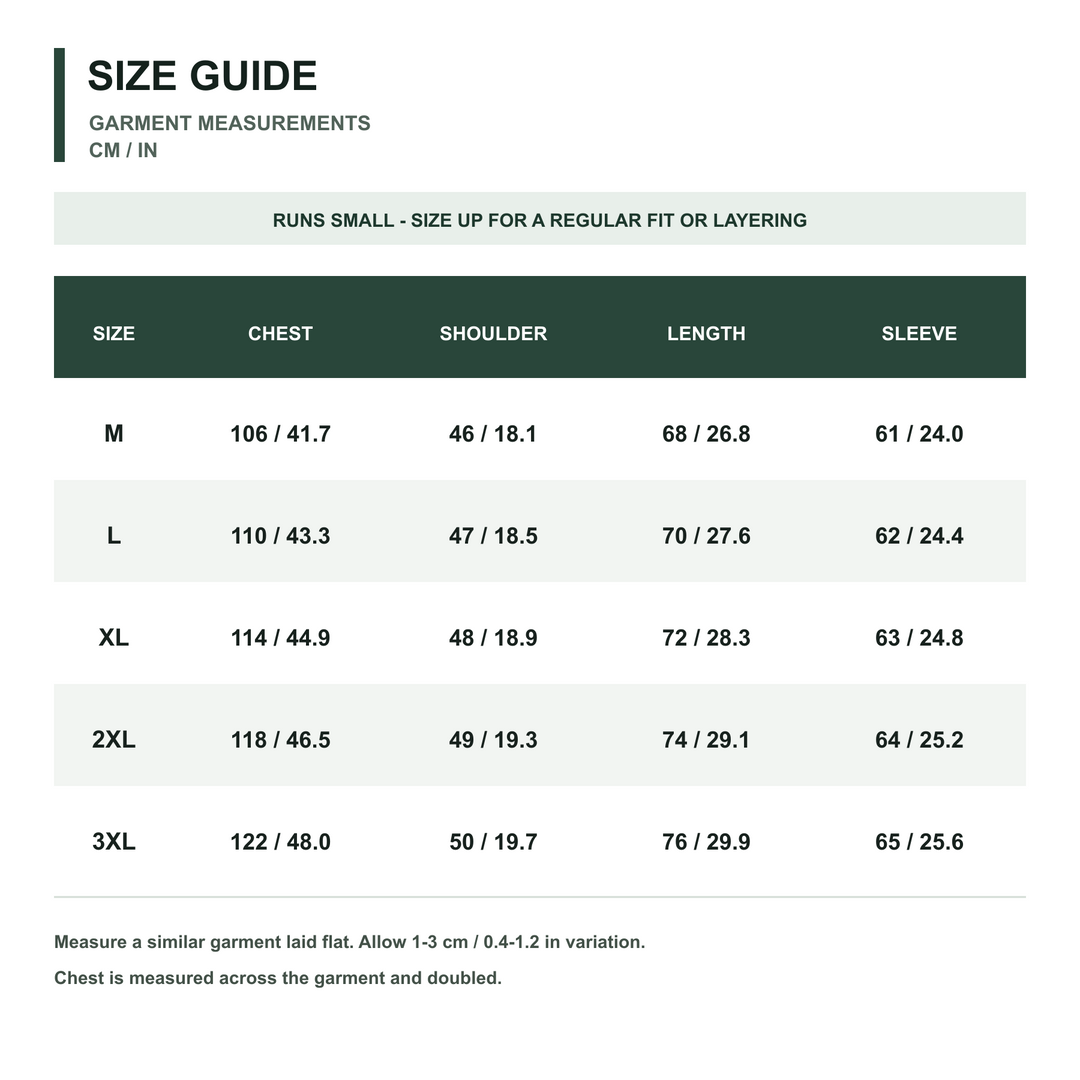 Men's Grid Fleece Jacket size guide in centimeters and inches