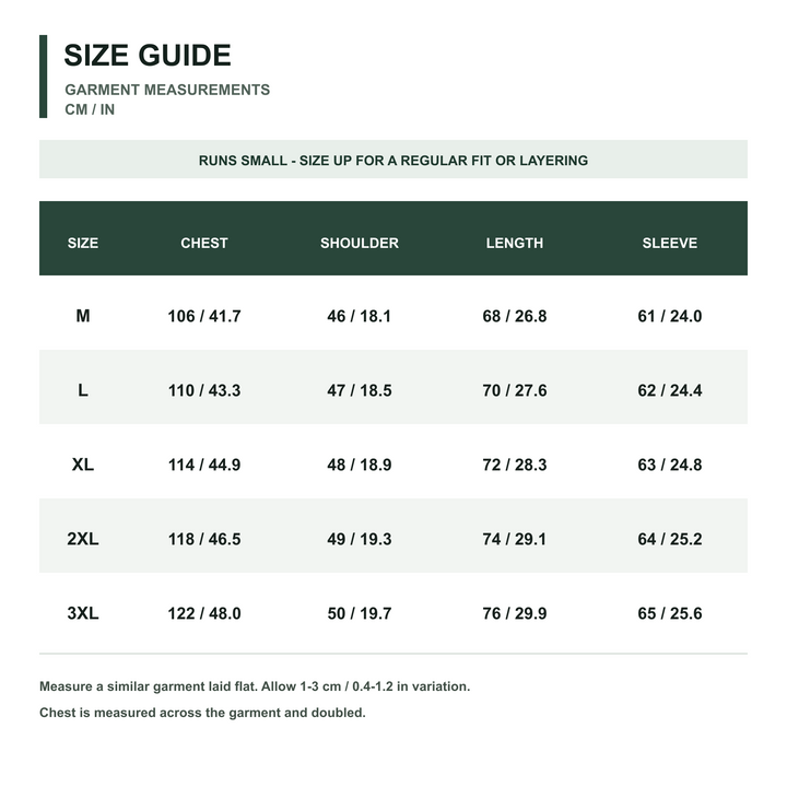 Men's Grid Fleece Jacket size guide in centimeters and inches