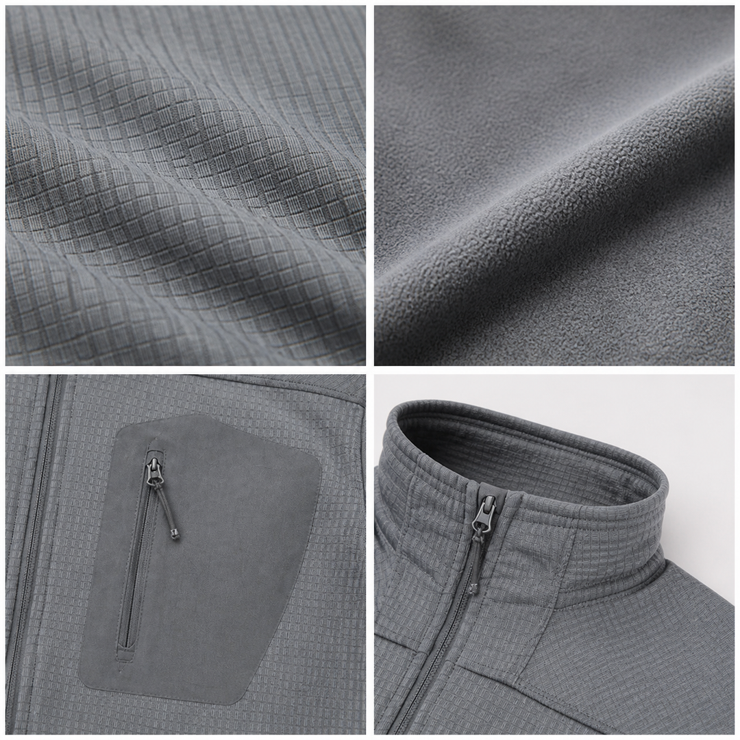 Grid-knit polyester outer fabric and soft brushed-fleece interior details