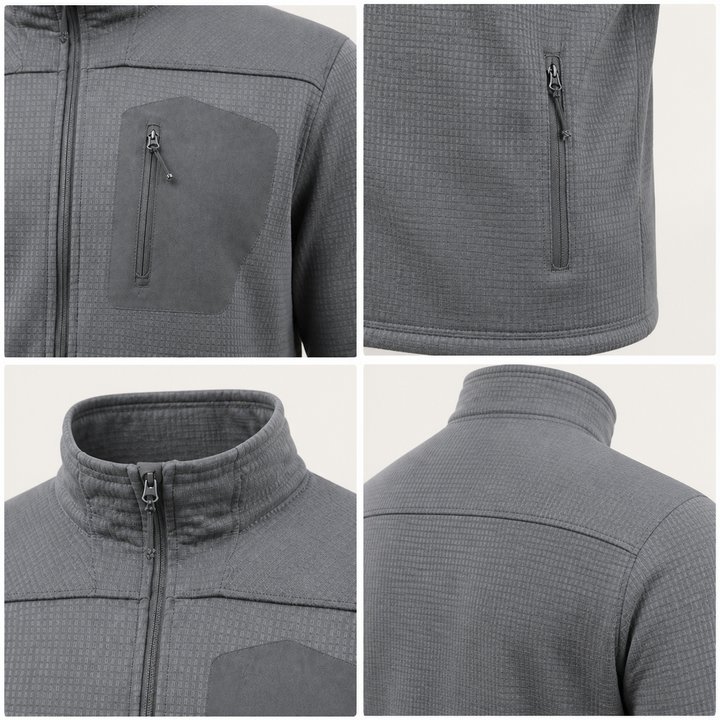 Chest pocket, hand pockets, stand collar, and shoulder yoke details