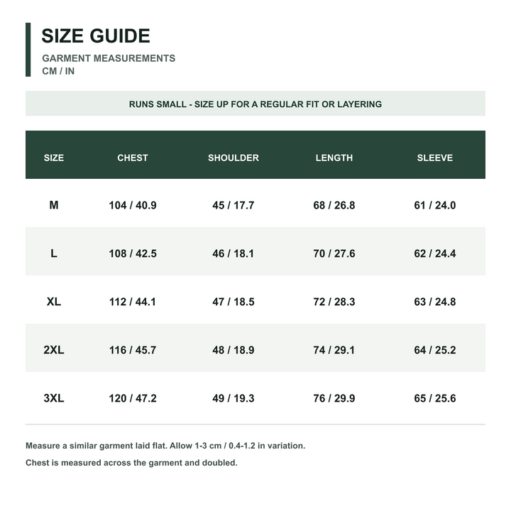 Men's Lightweight Grid-Knit Fleece Jacket size guide in centimeters and inches