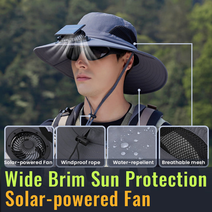Solar-Powered Single Fan Sun Hat – Wide Brim Outdoor UV Protection Fishing Cap