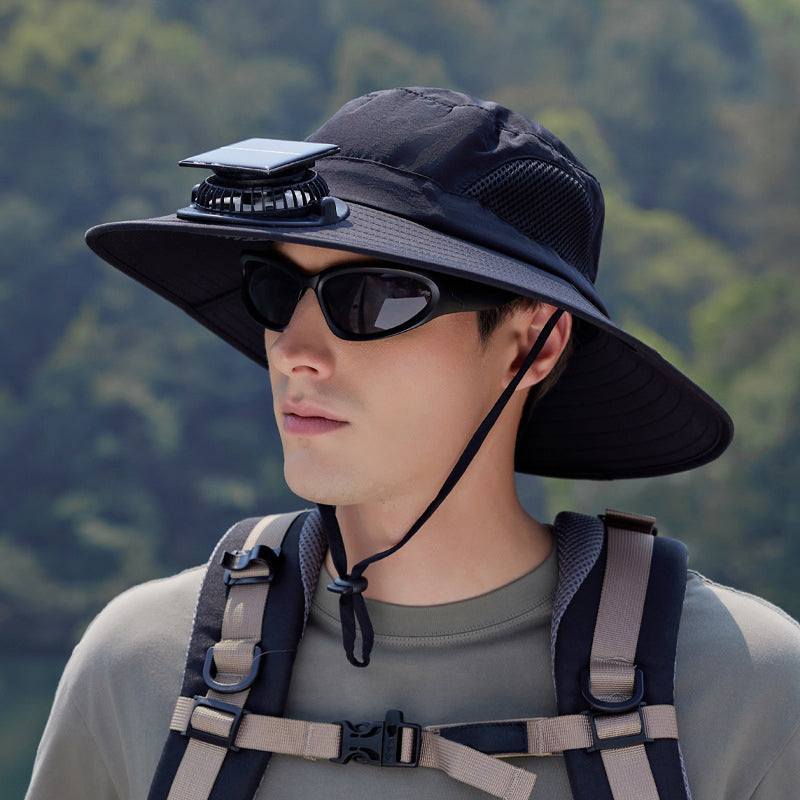 Solar-Powered Single Fan Sun Hat – Wide Brim Outdoor UV Protection Fishing Cap