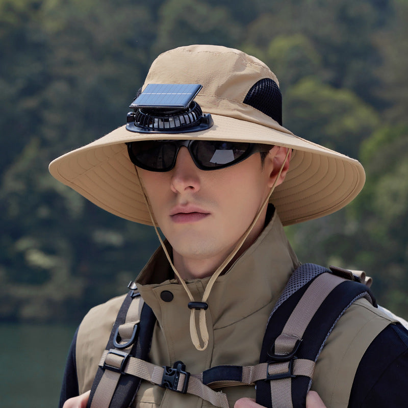 Solar-Powered Single Fan Sun Hat – Wide Brim Outdoor UV Protection Fishing Cap