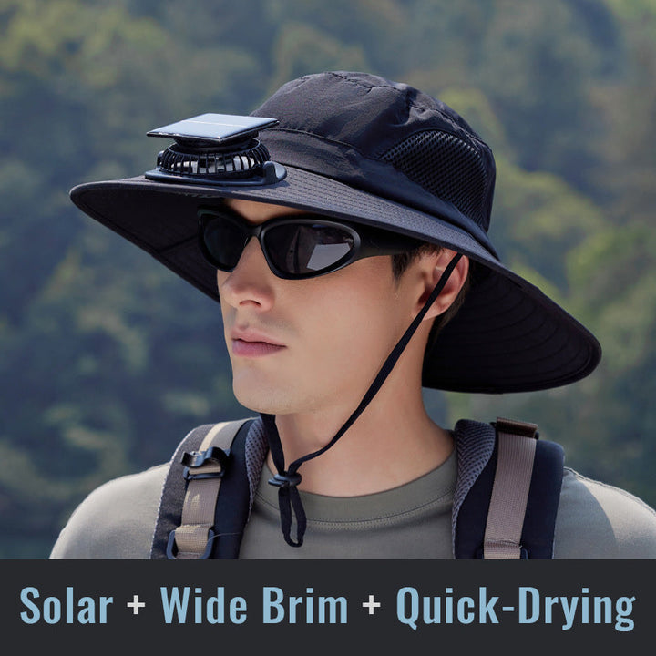 Solar-Powered Single Fan Sun Hat – Wide Brim Outdoor UV Protection Fishing Cap
